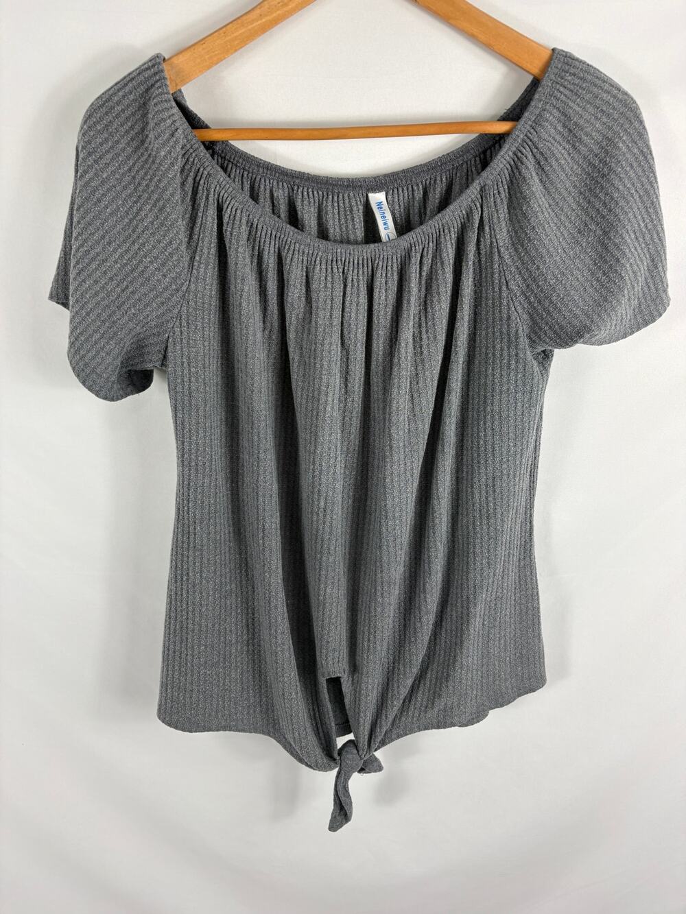 Neineiwu Waffle Knit Tie Bottom Stretchy Top Grey Size Large